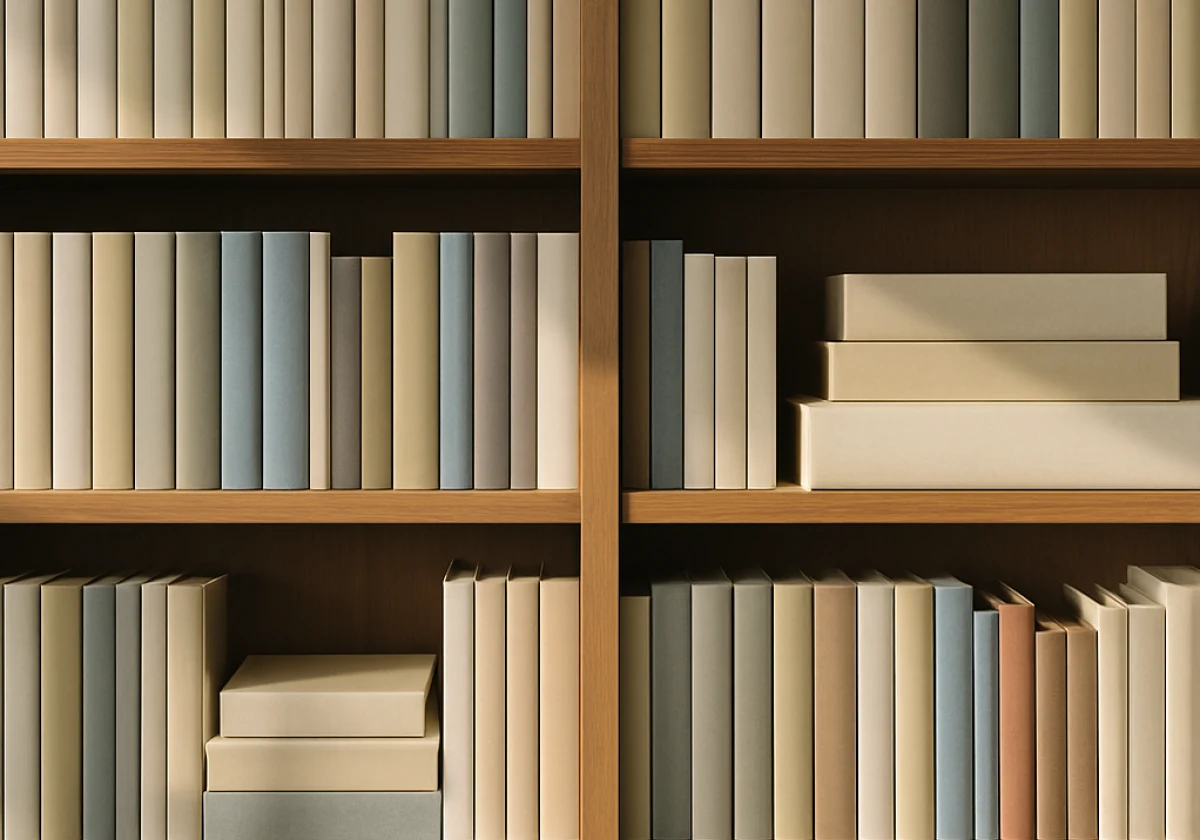 Close-up of a carefully organized bookshelf in natural light