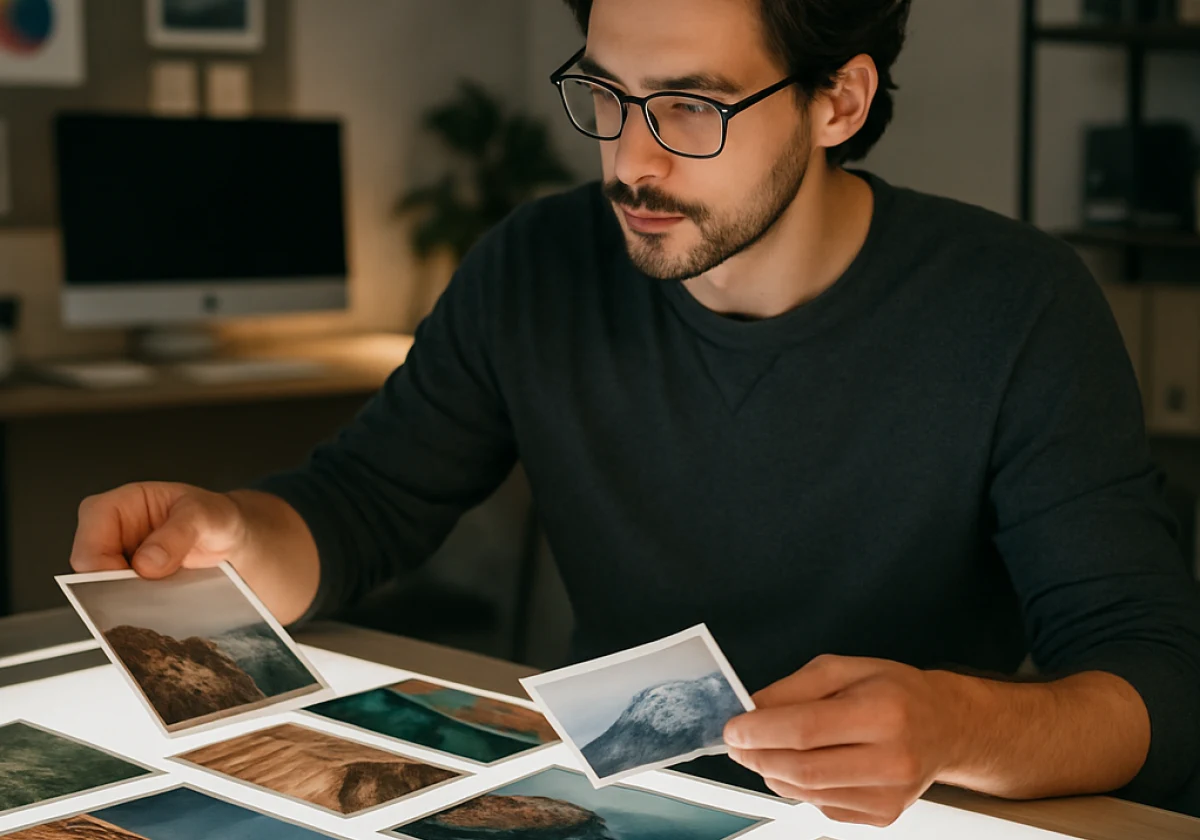 Designer at a light table in a studio examining various printed
