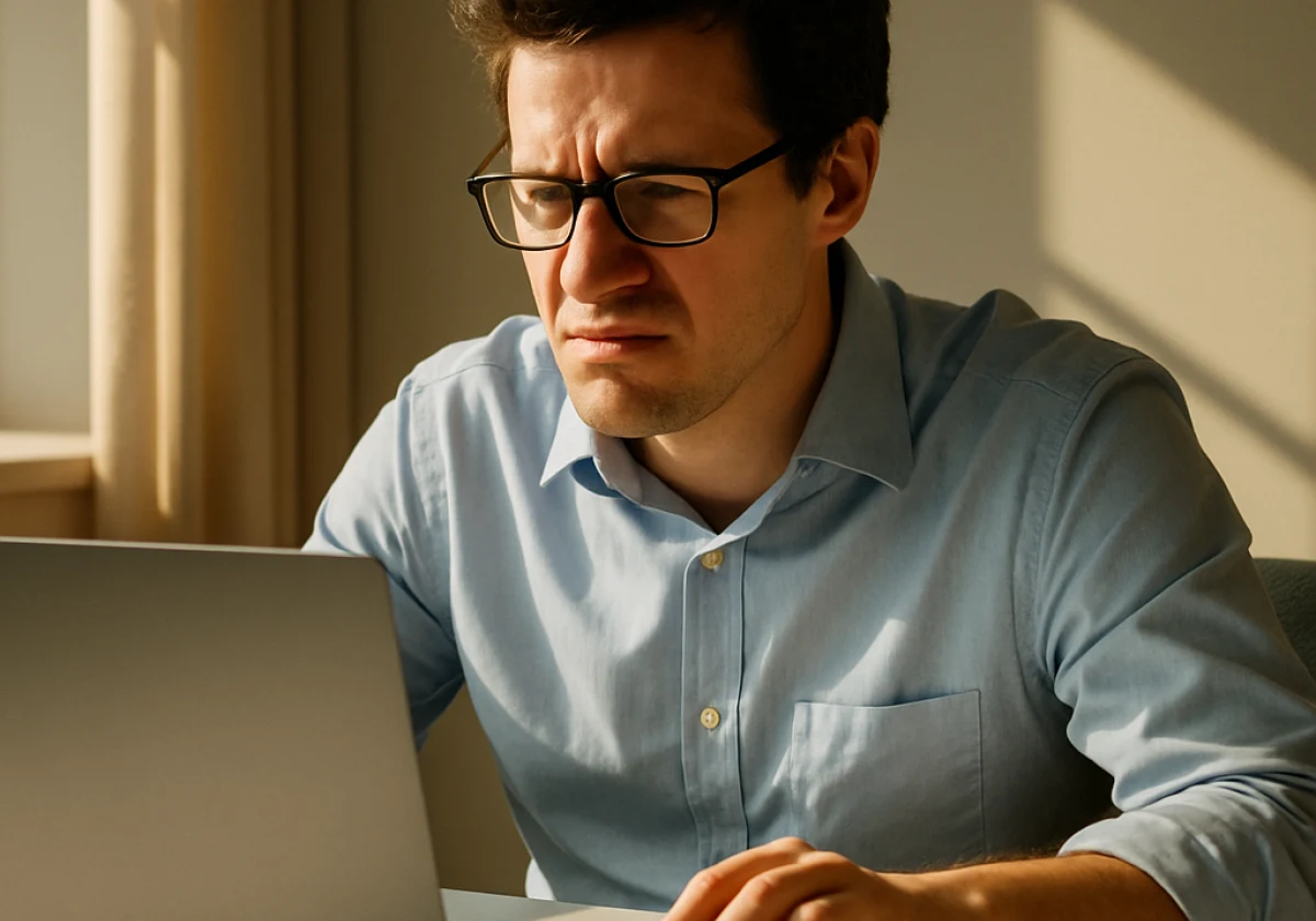 Frustrated office worker sitting at a white desk in afternoon light