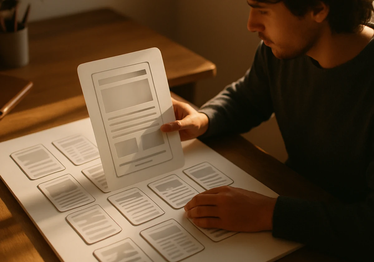 UX designer at a wooden desk in afternoon sunlight