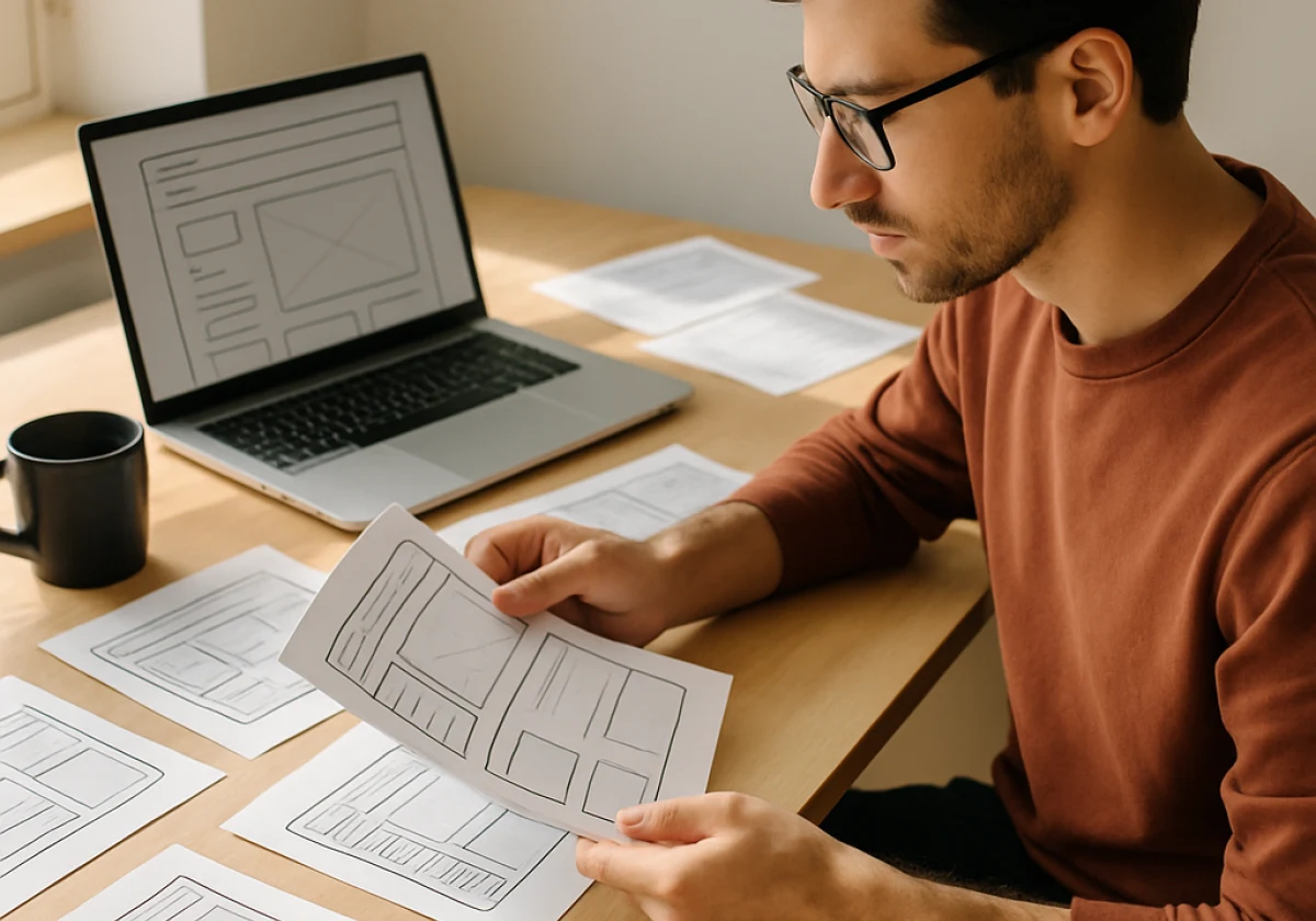 Web designer at a clean wooden desk in bright morning light