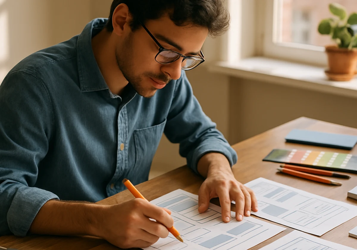Web designer at a wooden desk in bright morning light