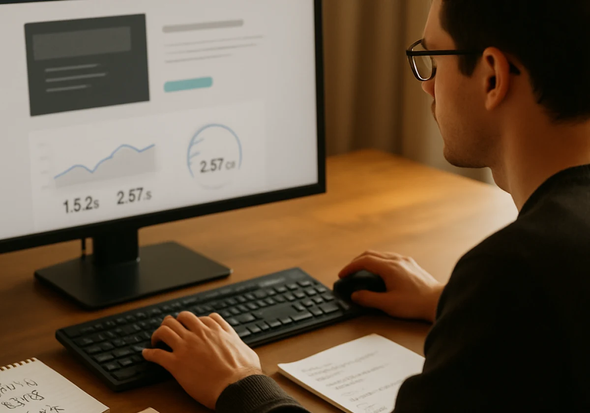 Web developer at a desk conducting performance tests on a website